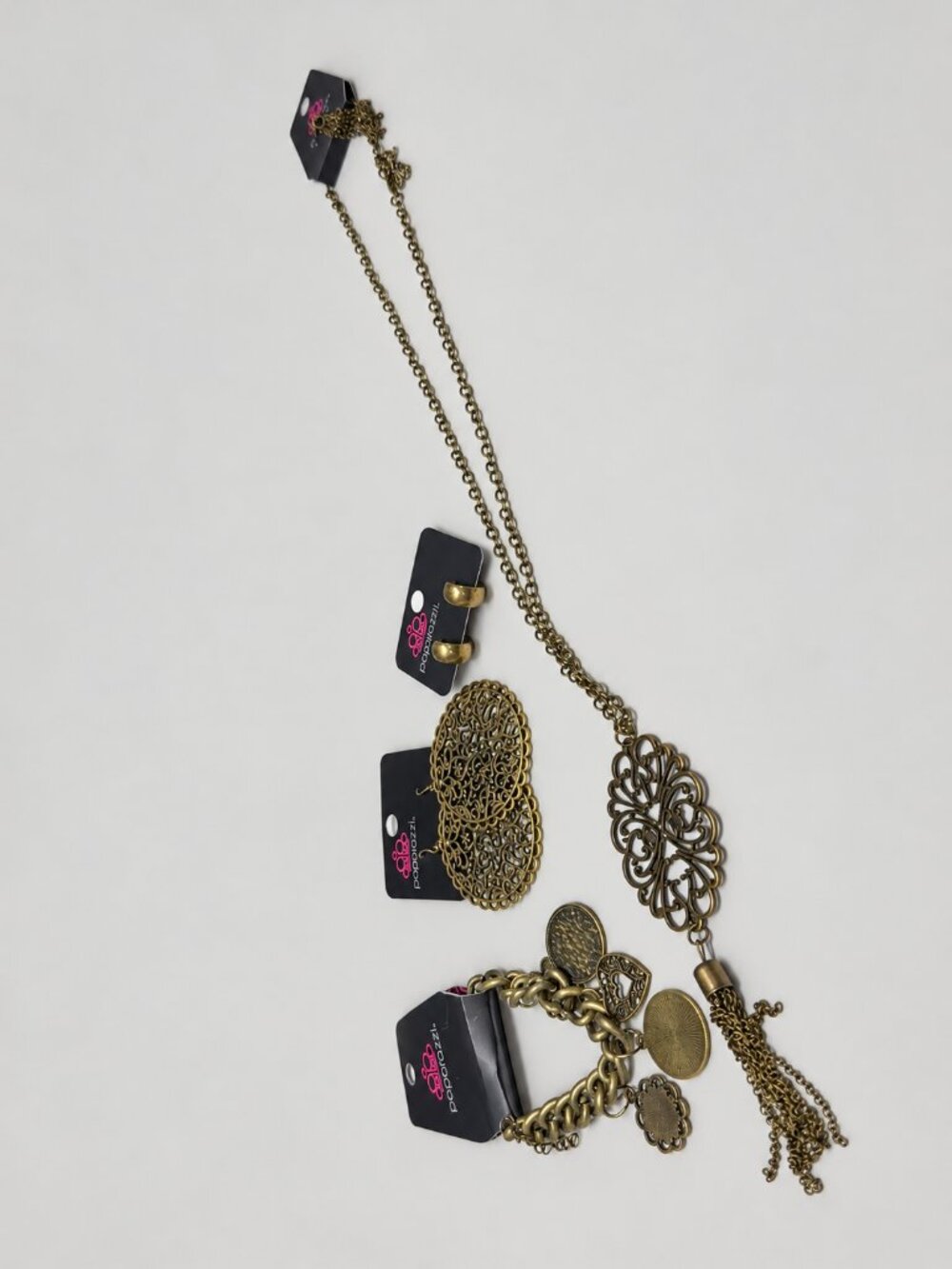 Paparazzi Brass Tone Filigree Tassel Necklace Set Earrings Charm Bracelet Bundle